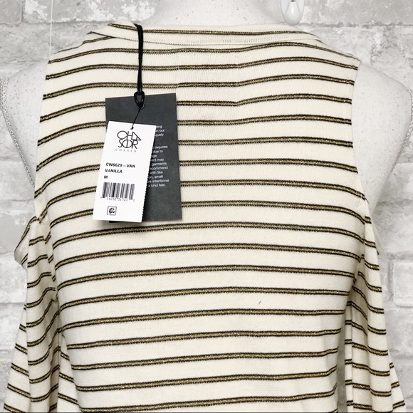 NWT CHASER Long Sleeve Cold Shoulder Top with Black & Metallic Gold Stripes Med - Picture 9 of 16